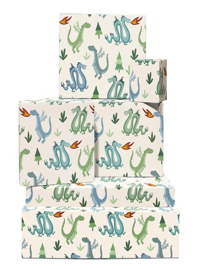 CENTRAL 23 Dragon Wrapping Paper - Boys Birthday Wrapping Paper - 6 Sheets Gift Wrap For Christmas Baby Shower Easter - Blue Green Cream Cute Kods Son Student - Comes With Tags - Eco-friendly - Image 1